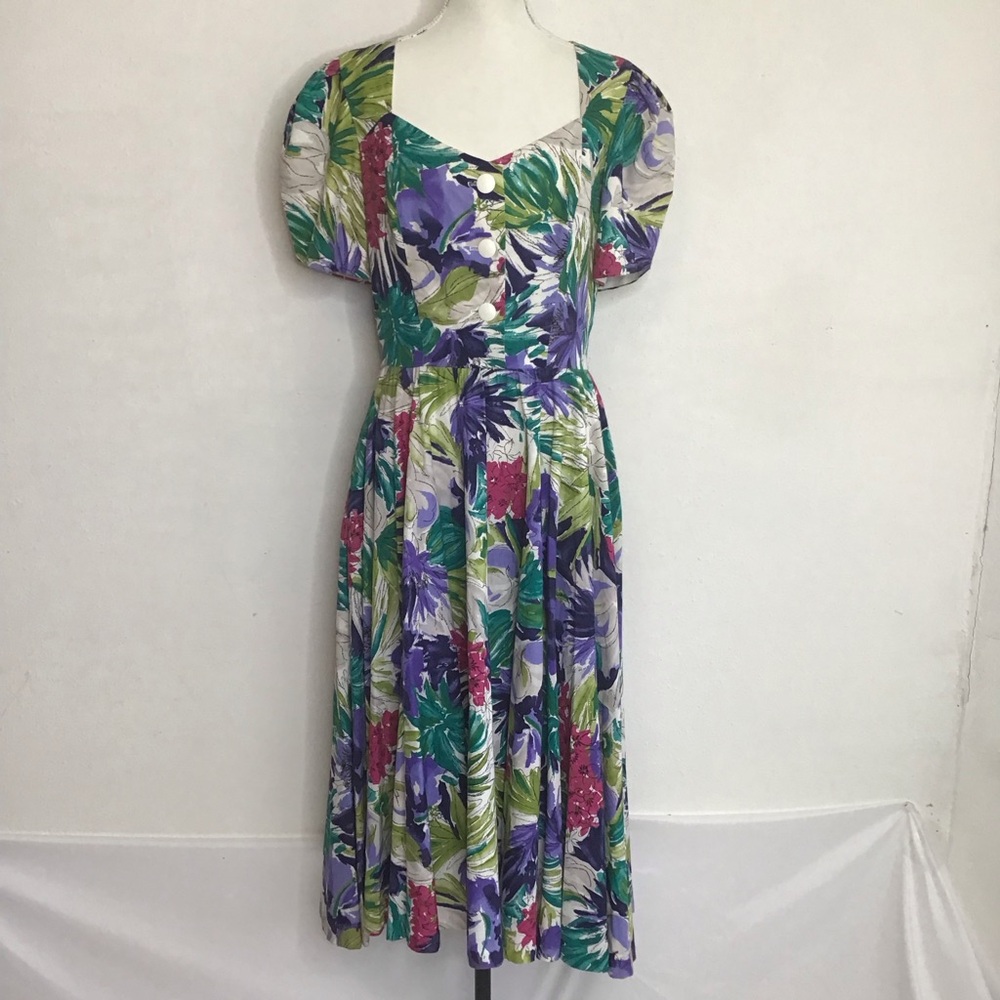 Melissa Floral Midi Dress - Green, Purple, Red